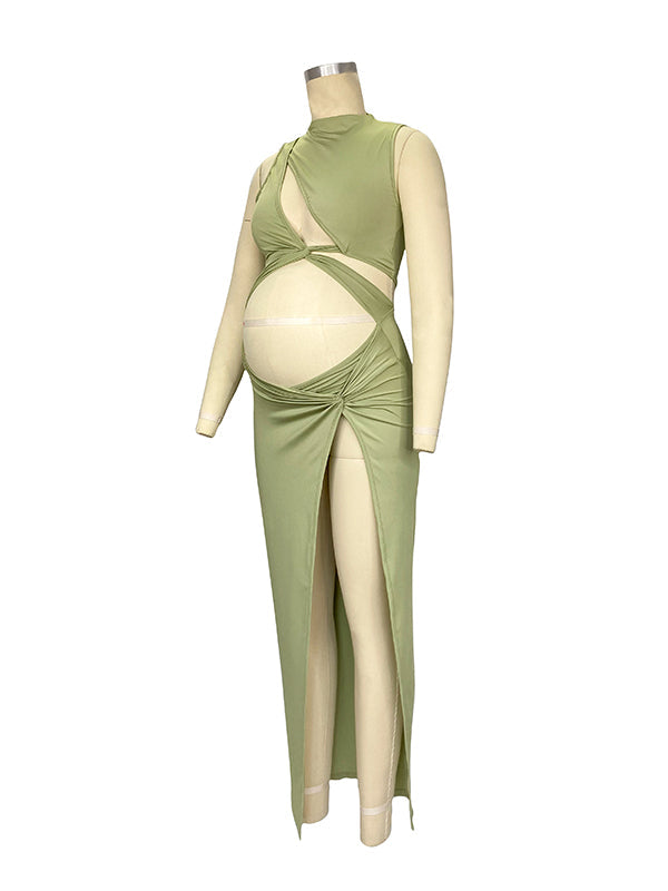 Momyknows Olive Cut Out Irregular Split Ruffle Side Slit Bodycon Chic Photoshoot Maternity Maxi Dress