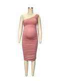 Momyknows Pink One Shoulder Ruffle Irregular Bodycon Cocktail Cute Baby Shower Maternity Midi Dress
