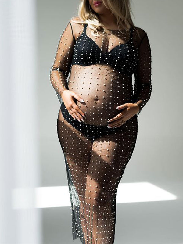 Momyknows Mesh Solid Color Beading Pearl Rhinestone Long Sleeve Cover-ups Side Slit Photoshoot Maternity Maxi Dress