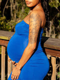 Momyknows Blue Bandeau Off Shoulder Bodycon Gender Reveal Baby Shower Cute Maternity Maxi Dress