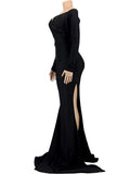 Momyknows Black Off Shoulder Long Sleeve V-Neck Slit Bodycon Evening Gown Plus Size Elegant Baby Shower Maternity Maxi Dress