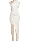 Momyknows White Off Shoulder Irregular Ruffle Side Slit Bodycon Elegant Baby Shower Party Maternity Maxi Dress