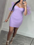 Momyknows Purple Patchwork Grenadine Ruched Off Shoulder Bodycon Baby Shower Party Pregnancy Maternity Mini Dress