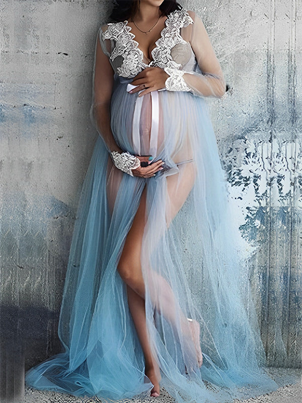Momyknows Lace Tulle Photoshoot Robe Split Front V-Neck Maternity Maxi Dress