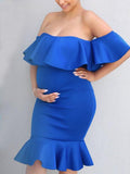Momyknows Ruffle Off Shoulder Bandeau Bodycon Mermaid Baby Shower Maternity Midi Dress