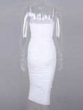 Momyknows White Spaghetti Strap Bandeau Backless Ruffle Bodycon Cute Baby Shower Maternity Midi Dress