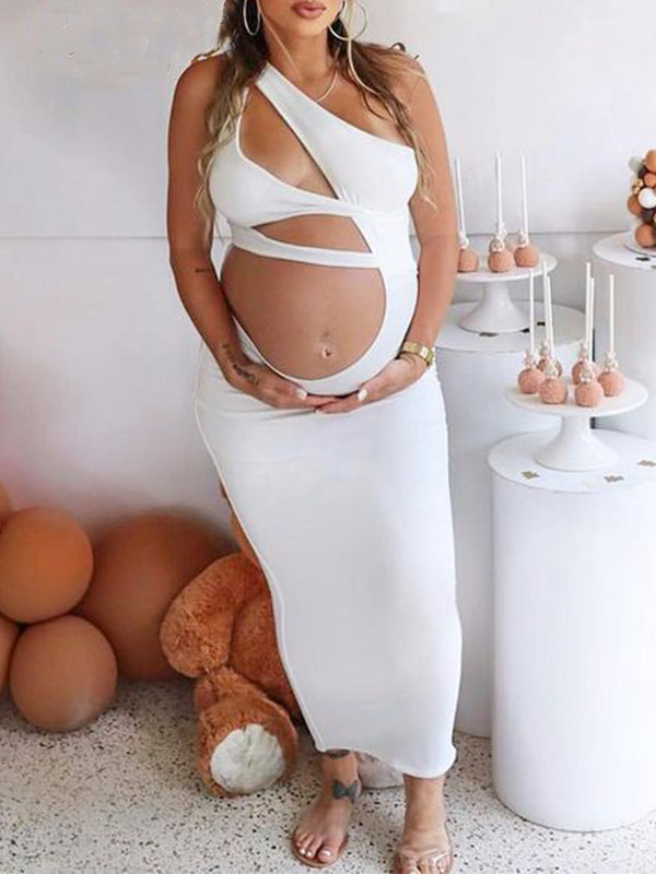Momyknows White One Shoulder Cut Out Bodycon Party Club Photoshoot Baby Shower Maternity Maxi Dress