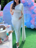 Momyknows White One-Shoulder Belly Friendly Ruched Cape Sleeve Babyshower Maternity Maxi Dress