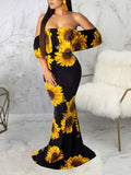 Momyknows Sunflower Off Shoulder Ruffle Bodycon Mermaid Maternity Maxi Dress