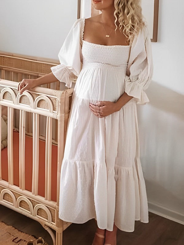 Momyknows White Off Shoulder Ruffle Shirred Boat Neck Puff Sleeve Bow Bohemian Ivory Maternity Photoshoot Dress