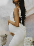 Momyknows White Bodycon Backless Draped Spaghetti Strap Lace Up Photoshoot Party Maternity Maxi Dress