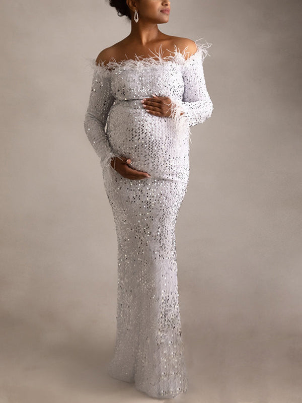 Momyknows White Sparkly Sequin Feather Off Shoulder Elegant Evening Gown Maternity Photoshoot Baby Shower Party Maxi Dress
