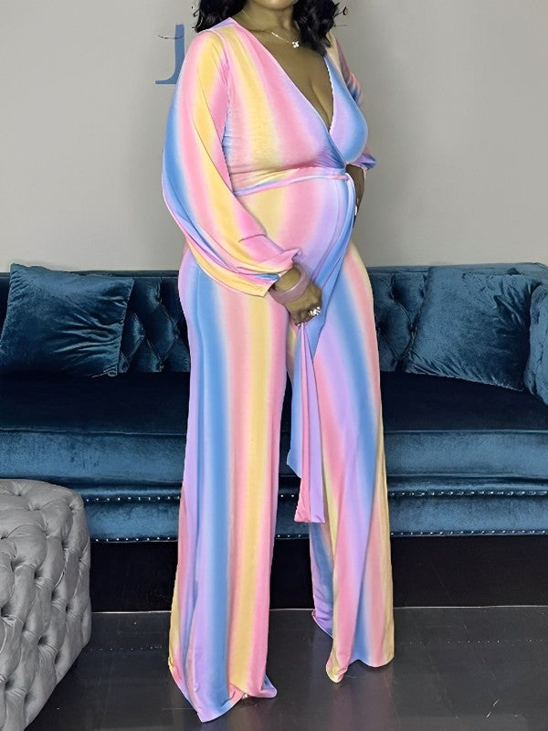 Momyknows Pink-Blue Rainbow Striped Tie Dye Lantern Sleeve Babyshwower  Pregnant Maternity Wide Leg Long Jumpsuit