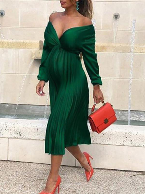 Momyknows Solid Color Pleated V-neck Long Sleeve Elegant Occassion Maternity Banquet Midi Dress