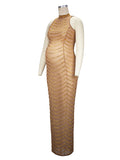 Momyknows Gold Rhinestone Mesh Sleeveless Backless Photoshoot Bodycon Evening Plus Size Maternity Maxi Dress