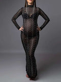 Momyknows Black Rhinestone Bodycon Mesh Long Sleeve Evening Gown Photoshoot Plus Size Club Maternity Maxi Dress