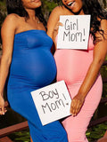 Momyknows Blue Bandeau Off Shoulder Bodycon Gender Reveal Baby Shower Cute Maternity Maxi Dress