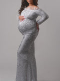 Momyknows White Sparkly Sequin Feather Off Shoulder Elegant Evening Gown Maternity Photoshoot Baby Shower Party Maxi Dress