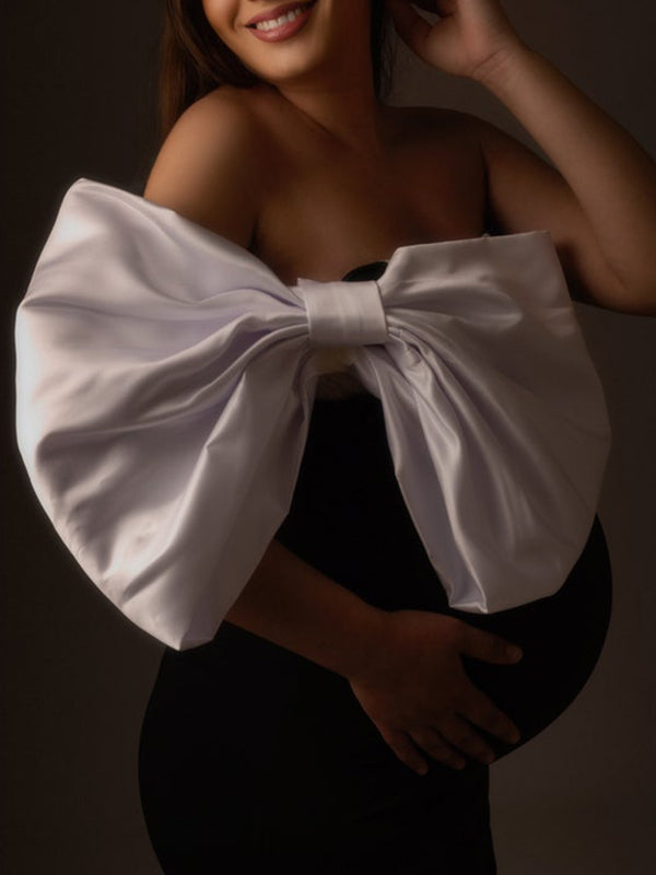 Momyknows Off Shoulder Bandeau Backless Big Bowknot Design Cute Baby Shower Bodycon Maternity Mini Dress