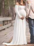 Momyknows White Off Shoulder Ruffle Long Sleeve Baby Shower Photoshoot Maternity Maxi Dress