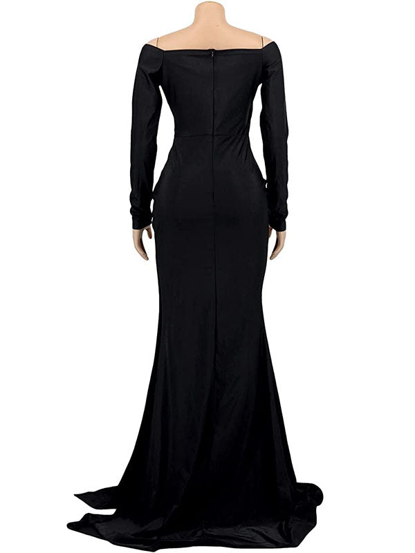 Momyknows Black Off Shoulder Long Sleeve V-Neck Slit Bodycon Evening Gown Plus Size Elegant Baby Shower Maternity Maxi Dress