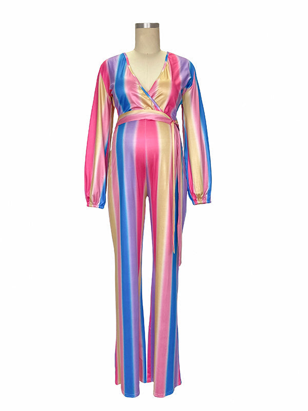 Momyknows Pink Blue Rainbow Striped Tie Dye Lantern Sleeve Babyshwower Pregnant Maternity Wide Leg Long Jumpsuit