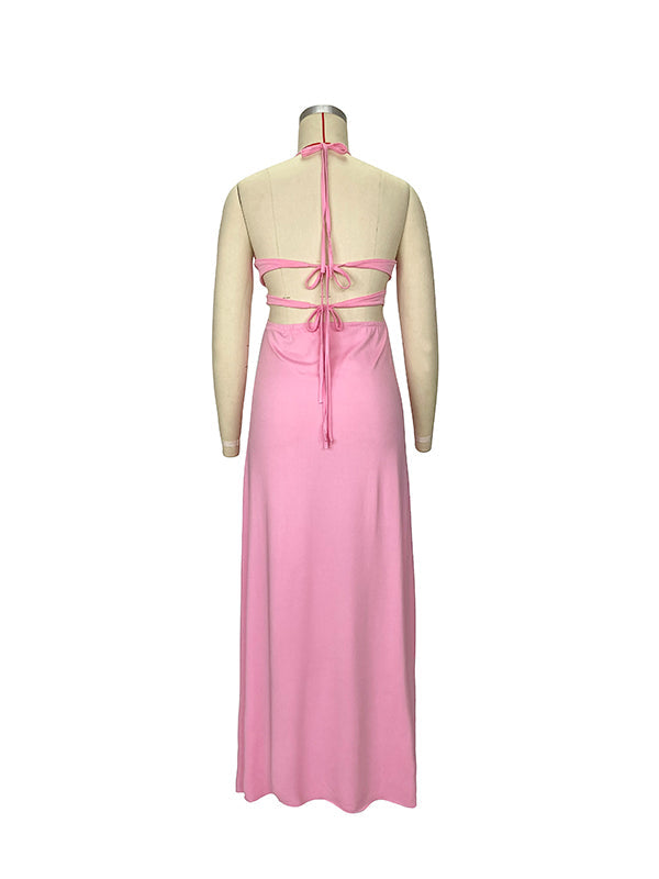 Momyknows Pink V-neck Spaghetti Strap Halter Neck Backless Cami Slit Baby Shower Plus Size Maternity Maxi Dress