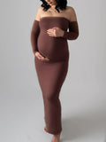 Momyknows Brown Off Shoulder Long Sleeve Bodycon Elegant Going Out Maternity Photoshoot Baby Shower Party Maxi Dress