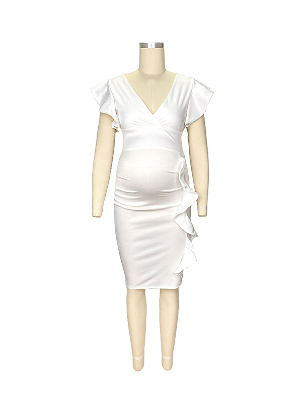 Momyknows White Ruffle Falbala V-neck Cap Sleeve Bodycon Cute Baby Shower Maternity Midi Dress