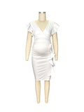 Momyknows White Ruffle Falbala V-neck Cap Sleeve Bodycon Cute Baby Shower Maternity Midi Dress