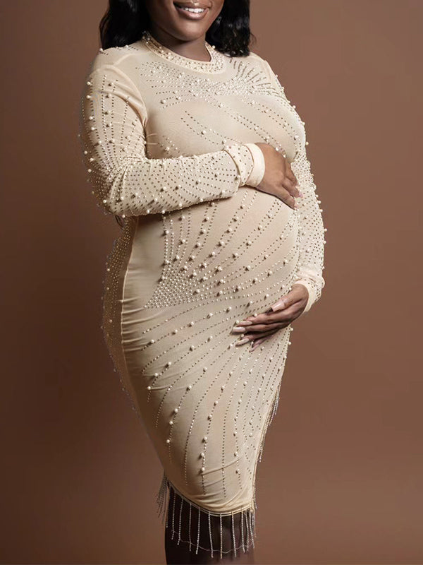 Momyknows Apricot Diamonds Mesh Rhinestone Tassel Side Slit High Neck Sheer Elegant Maternity Photoshoot Midi Dress