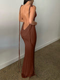 Momyknows Brown Backless Spaghetti Strap Bodycon Fashion Photoshoot Maternity Maxi Dress