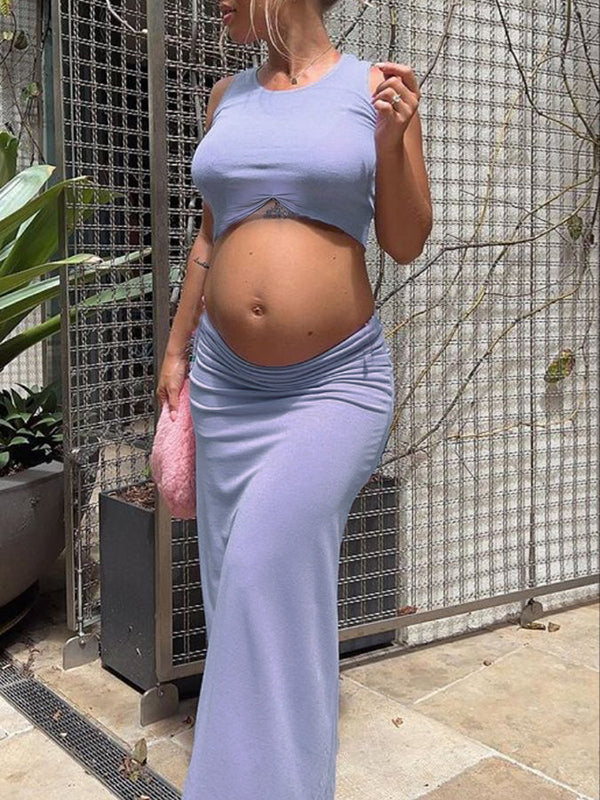 Momyknows Purple 2-in-1 Pleated Crop Sleeveless Photoshoot Maxi Two Piece Lavender Maternity Dress