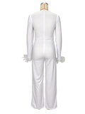 Momyknows White Feather Splicing High Waist V-Neck Long Sleeve Elegant Bodycon Evening Baby Shower Maternity Jumpsuit