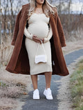 Momyknows Solid Knitted Rib Fabric Off Shoulder V-neck Fall Fashion Maternity Photoshoot Maxi Dress