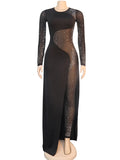 Momyknows Mesh Rhinestone Irregular Long Sleeve Club Plus Size Photoshoot Maternity Jumpsuit