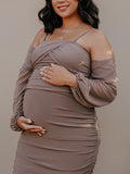 Momyknows Belly Friendly Spaghetti Strap Mesh Ruched Side Slit Lantern Sleeve Bandeau Babyshower Maternity Maxi Dress