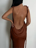 Momyknows Brown Backless Spaghetti Strap Bodycon Fashion Photoshoot Maternity Maxi Dress