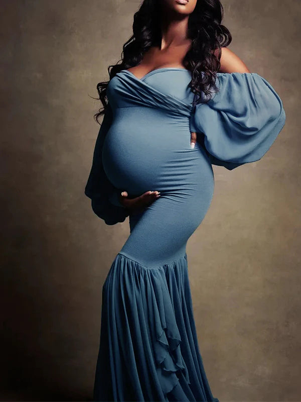 Momyknows Ruffle Off Shoulder Backless V-Neck Lantern Sleeve Mermaid Cute Baby Shower Photoshoot Maternity Maxi Dress