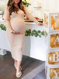 Momyknows Off Shoulder Knit Babyshower Fitted V-neck Bodycon Pregnant Maternity Maxi Dress