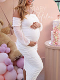 Momyknows Belly Friendly Spaghetti Strap Mesh Ruched Side Slit Lantern Sleeve Bandeau Babyshower Maternity Maxi Dress