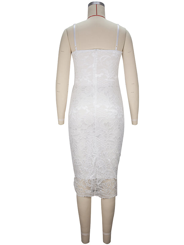 Momyknows White Lace Spaghetti Strap Backless V-Neck Elegant Babyshower Party Maternity Midi Dress