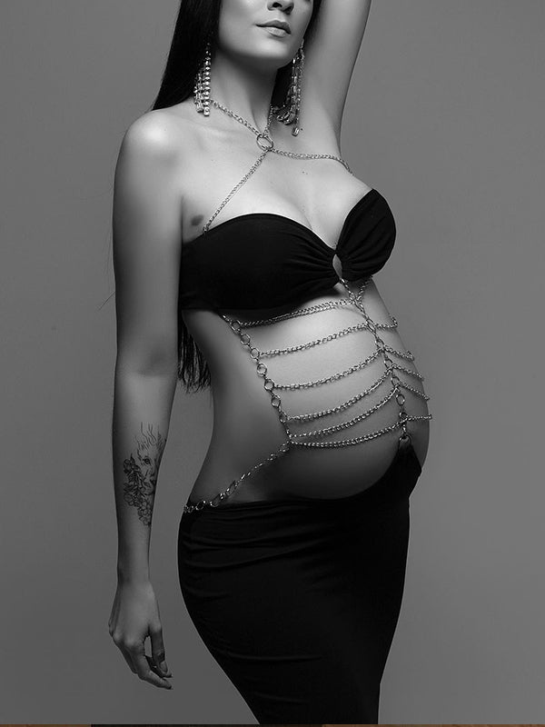 Momyknows Black Cut Out Chain Halter Neck Bodycon Photoshoot Elegant Maternity Maxi Dress