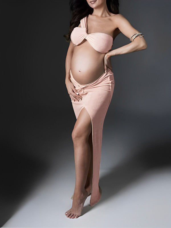 Momyknows Pink Bandeau Irregular Crop 2-in-1 Side Slit Bodycon Photoshoot Maternity Maxi Dress