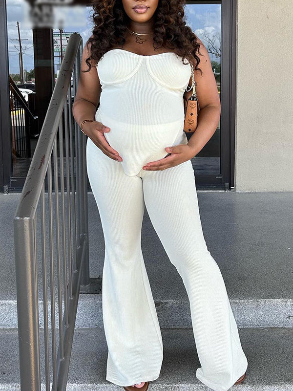 Momyknows White Two Piece Irregular Off-shoulder Bandeau High Waisted Streetwear Chic Baby Shower Maternity Long Jumpsuit