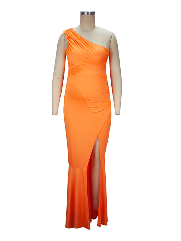 Momyknows Orange Off Shoulder Ruffle Irregular Side Slit Party Gown Babyshower Elegant Maternity Maxi Dress