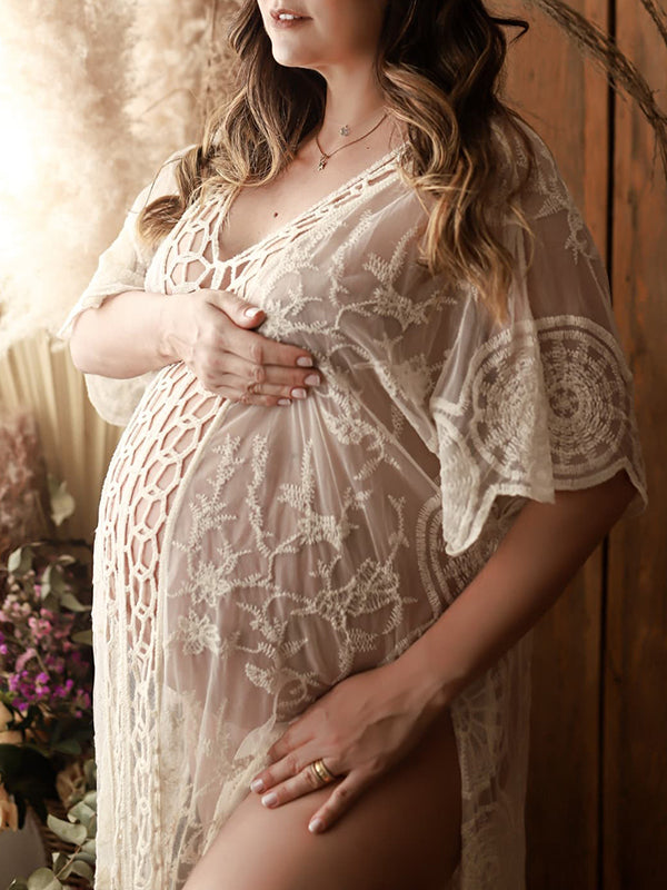 Momyknows Cut Out Slit Lace Sheer Photoshoot Boho Flowy Crochet Cover-Up Smock Maternity Dress
