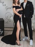 Momyknows Black Off Shoulder Side Slit Bodycon Baby Shower Photoshoot Gown Maternity Maxi Dress