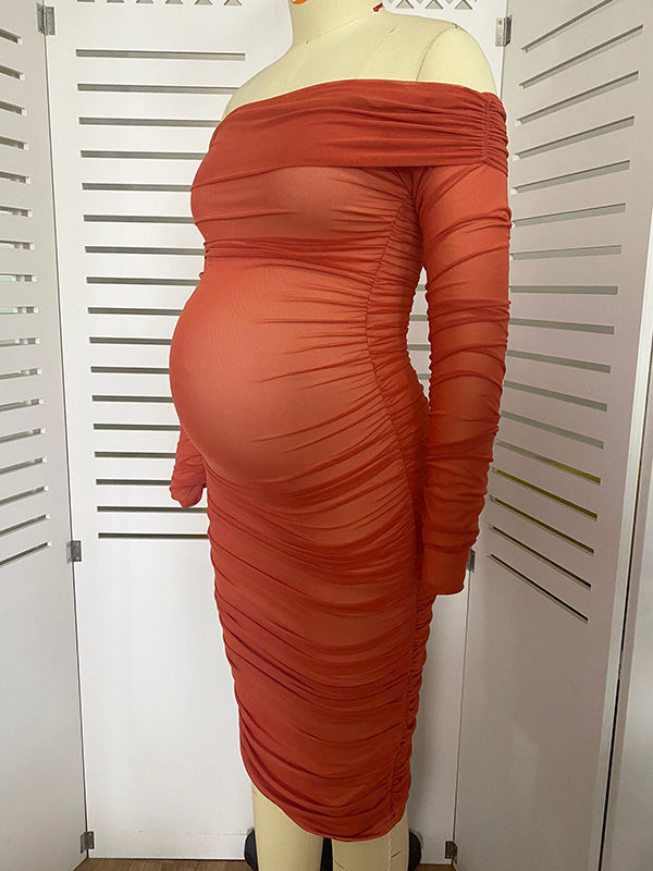 Momyknows Caramel Off Shoulder Grenadine Ruched Elegant Baby Shower Maternity Midi Dress
