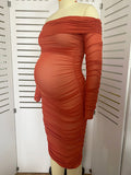 Momyknows Caramel Off Shoulder Grenadine Ruched Elegant Baby Shower Maternity Midi Dress
